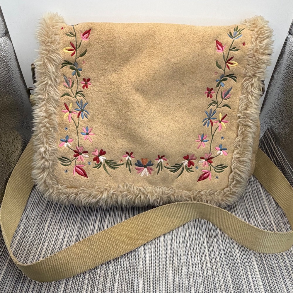 Old Navy Floral Embroidered Faux Suede Fur Messenger Bag Tan Crossbody 10x10